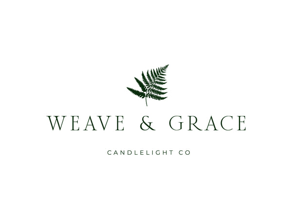 The words “weave and grace Candlelight co” in green with an illustrated Bracken fern above. This our logo 